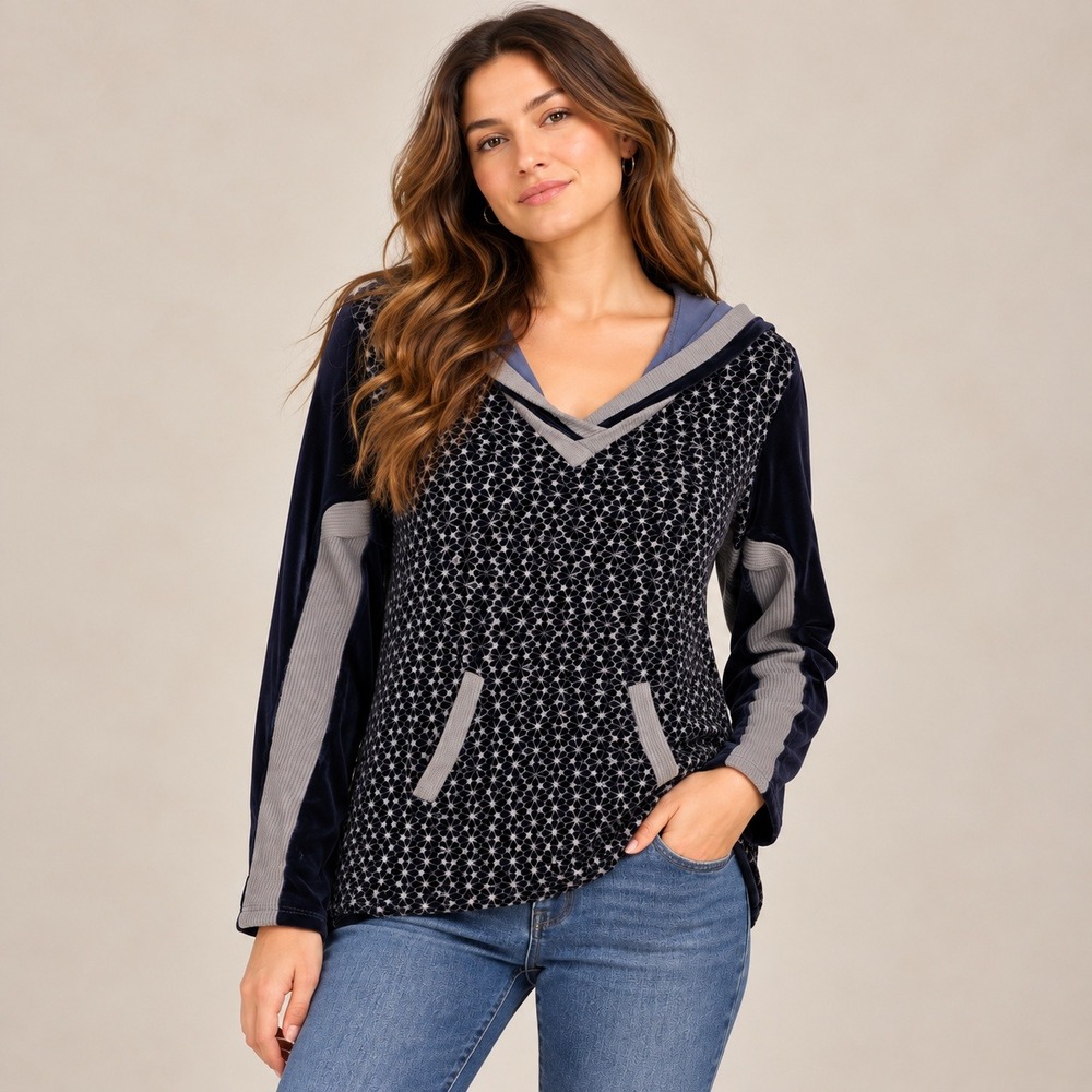Johnny Was Velvet Hoodie Women XS Black Blue  Embroidered Boho Whimsigoth